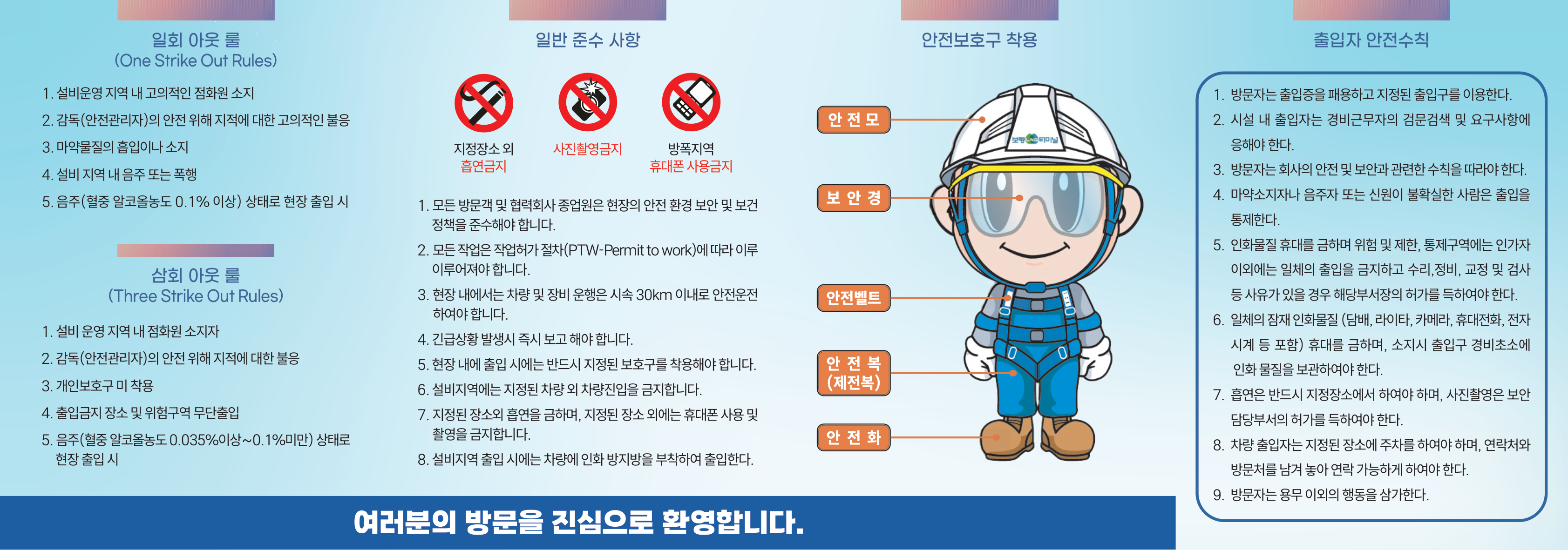 SHE Flyer 페이지 2 - 일회/삼회 아웃 룰, 일반 준수사항, 안전보호구 착용, 출입자 안전수칙